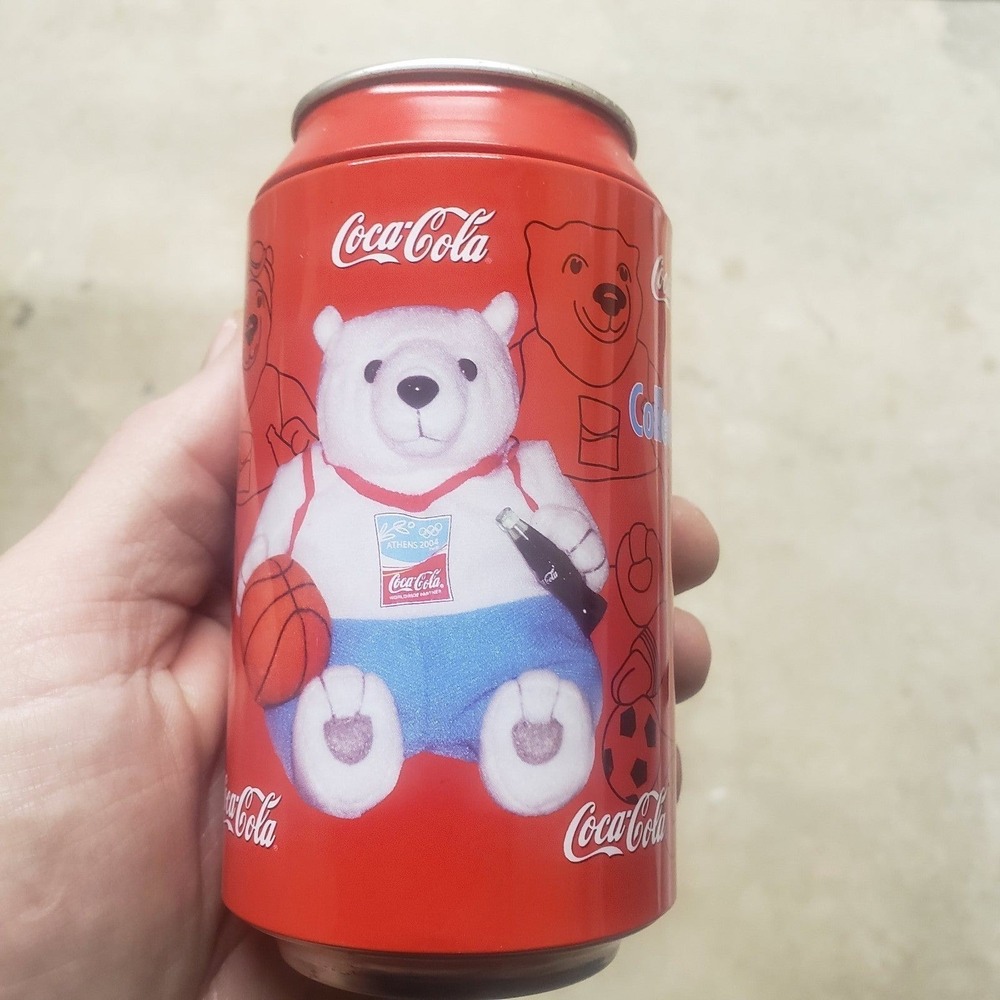 Coca Cola Polar Bear Athens 2004 Olympics Basketball Bean Bag Plush with Can